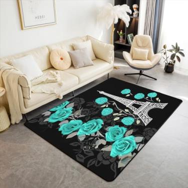 Imagem de jejeloiu Eiffel Toalha Tapete 12 x 17 cm Casal Paris Teal Rosa Floral Tapete Decorativo para Meninas Mulheres Amantes Flores Românticas Floral Botânico Tapetes de Sala de Estar Tapetes de Dia dos