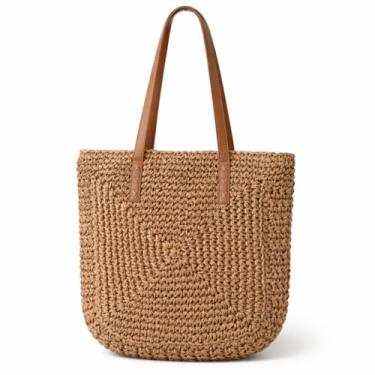 Imagem de Bolsa de Praia Feminina Grande de Palha, Estilo Boho com Alças de Couro, sintético.