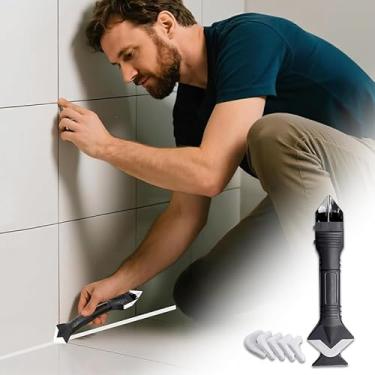Imagem de Ferramentas de calafetagem de silicone 3 em 1 ferramenta de acabamento de calafetagem raspador de silicone (cabeça de aço inoxidável) aplicador de argamassa para banheiro, cozinha, piso, janela