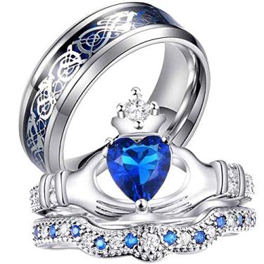 Imagem de ringheart Anéis de casal, ouro branco, preenchidos com corte de coração, azul Cz, conjuntos de alianças de casamento femininas de aço inoxidável para homens, Men size10, Metal Cristal Metal Cristal