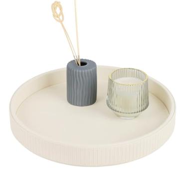 Imagem de HofferRuffer Bandeja decorativa redonda, decoração de bandeja de couro sintético, acessório decorativo para perfume, manobrista de banheiro, mesa de cabeceira ou cômoda, 30,5 x 30,5 x 4,1 cm (faixa