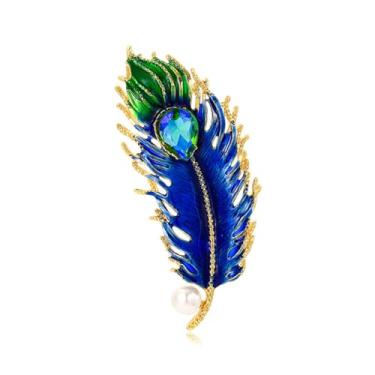 Imagem de Broches de penas de strass para mulheres e homens, alfinetes de pavão de animal vintage/dourado/prata/azul/diamante cristal alfinetes de lapela moda esmalte pena folha broche elegante vestido casaco