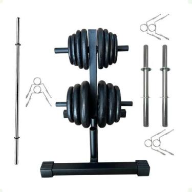 Imagem de Kit Musculação com Suporte + 40 Kg de Anilhas Ferro com Barras - BOX I