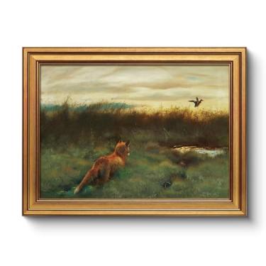 Imagem de WHASAYART Arte de parede emoldurada em ouro vintage raposa caçadora 30,5 x 40,6 cm