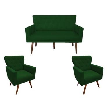 Imagem de Kit Namoradeira + 2 Poltronas Decorativa Aurora Suede Verde Pés Madeir