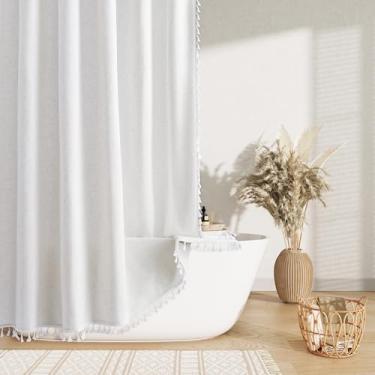 Imagem de Nanspring Cortina de chuveiro bege branca boho linho 182 cm de comprimento borla pesada chique vintage conjunto de cortina de chuveiro de tecido country com ganchos moderno neutro decorativo