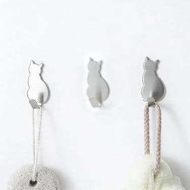 Imagem de 3 ganchos de parede adoráveis em forma de gato, chave à prova de ferrugem de aço inoxidável e gancho de toalha para casa, cozinha, banheiro, pendure facilmente toalhas em paredes ou portas - prateado