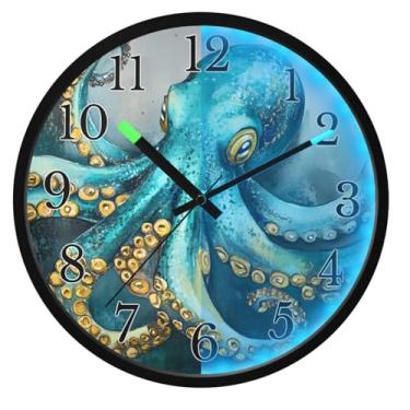 Imagem de ALAZA Relógios de parede de polvo em aquarela que brilham no escuro, operado por bateria, relógio de parede silencioso de 30,5 cm, sem tique-taque, relógio de luz noturna para quarto