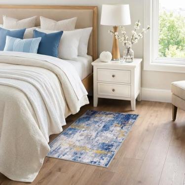 Imagem de RELEANY Tapetes laváveis 3x4 antiderrapantes modernos abstratos macios para sala de estar entrada quarto berçário, padrão de impressão, cinza azul ouro/dourado