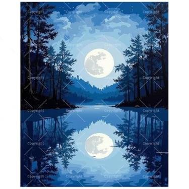 Imagem de Kit de pintura natural por números para adultos - DIY lua cheia refletida no lago pintura em tela, conjunto de tinta acrílica, adequado para iniciantes, arte para decoração de casa ou presentes (40 x