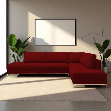 Imagem de Sofá de Canto em L Revestimento em Veludo com Chaise Lado Direito Vermelho