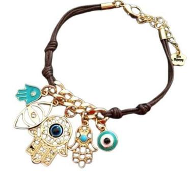 Imagem de Pulseira Dourado Pingente Mão Fátima Olho Grego J5584