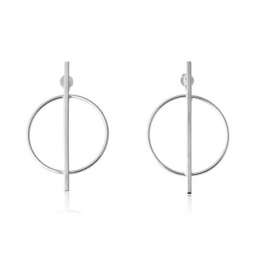 Imagem de Brinco Grande Circulo E Fio No Meio Folheado Em Ródio Branco