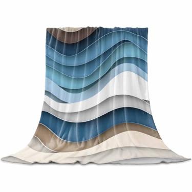 Imagem de Cobertores abstratos de ondas azuis, ombré, marrom, cinza, branco, minimalista, flanela, microfibra, cobertores macios de microfibra, cobertor de cama quente para cadeira, sofá, quarto, campista 101,6