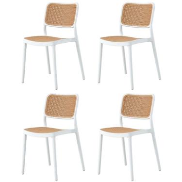 Imagem de Kit 4 Cadeiras Empilhável Lia Bali Rivatti Polipropileno Branco Assento Encosto Simuland Rattan Bege