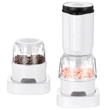 Imagem de Conjunto de moedor elétrico de especiarias com recipientes duplos, moedor motorizado de sal e pimenta de uma pressão, núcleo de cerâmica grossura ajustável, moedor recarregável para uso em temperos de