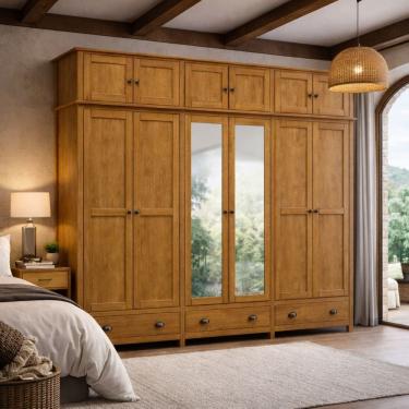 Imagem de Guarda Roupa Madeira Maciça Bipartido 12 Portas c/ Espelhos