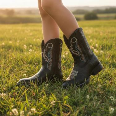 Imagem de Bota Texana Infantil Unissex em Couro Legítimo Preto Cano Bordado Kape