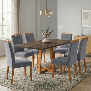 Imagem de Mesa Jantar Julia 1,6m Freijó Pés Cerejeira 6 Cadeiras Heloísa Almofadada - Cinza Veludo
