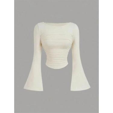 Imagem de Camiseta Feminina Slim Fit Franzida - Manga Comprida, Gola Redonda e B