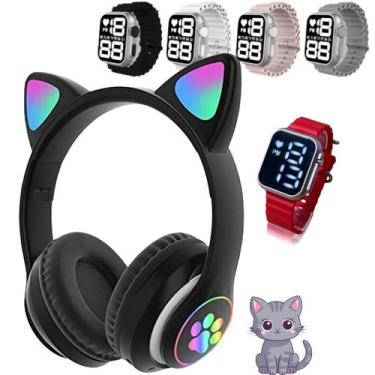 Imagem de Fone Ouvido Headphone Orelha Gato Bluetooth Infantil e Pulseira Led - 