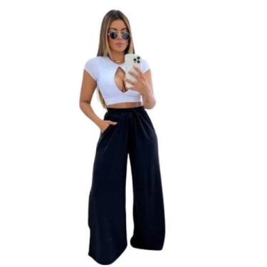 Imagem de Calça pantalona feminia lanzinha com bolso e elástico na cintura, wid 