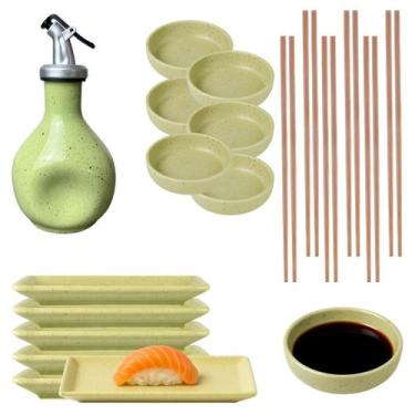 Imagem de Kit Oriental 6 Pessoas Porcelana Verde Mesclado 110ml Jarra Amassadinh