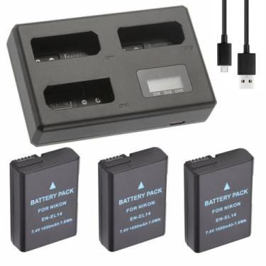 Imagem de Kit 3 Bateria MemoryTec ENEL14 Carregador Triplo USBC compatível com N
