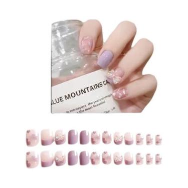 Imagem de Unhas Postiças Curtas Quadradas Com Padrão De Coelho E Pérolas, 24 Peç