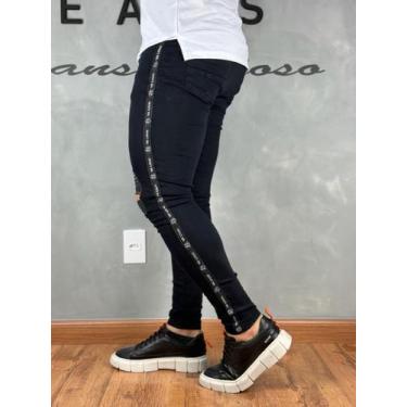 Imagem de Calça Masculina Preta Premium Rasgo no Joelho Com fita Lateral - JST J