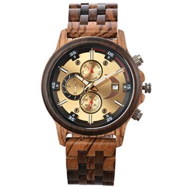 Imagem de Relógio de pulso masculino de madeira de quartzo, analógico, mostrador de domingo e data, pulseira de madeira leve feita à mão para homens, relógio luminoso, marrom