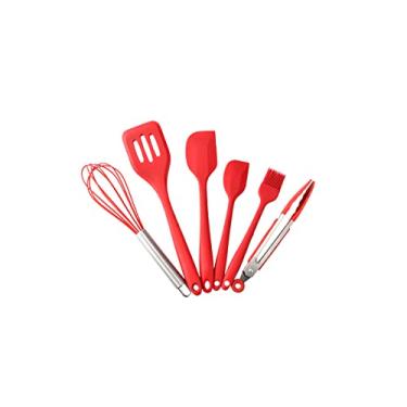 Imagem de Conjunto Kit de utensilios de silicone colher escumadeira espatula e pegador 6 peças (VERMELHA)