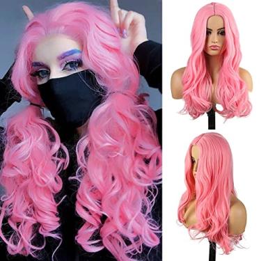 Imagem de Perucas femininas sintéticas afro crespo cor laranja ondulado natural peruca longa para mulheres negras e brancas cabelo de fibra de alta temperatura Perucas de cabelo humano (cor: rosa, comprimento esticado: 50,8 cm)