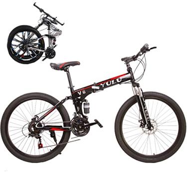 Imagem de Bicicleta dobrável portátil para adultos bicicletas dobráveis para adultos bicicleta de montanha dobrável com garfo de suspensão engrenagens de 66 cm bicicleta dobrável bicicleta da cidade moldura de aço de alto carbono, preto/raios, 24