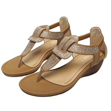 Imagem de Sandálias de anabela com clipe respirável para mulheres mulheres senhoras cristal boêmia dedo do tornozelo Post Wedges sandálias de praia sapatos romanos (marrom, 7)