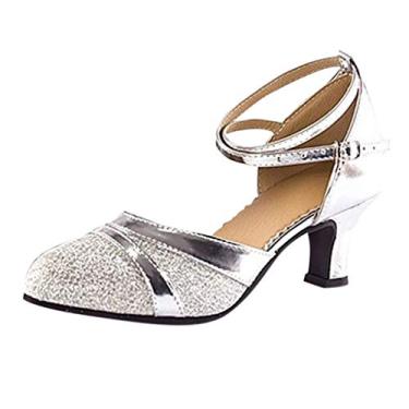 Imagem de Sandália de salto fino sem cadarço para mulheres salão de baile tango sapatos de dança latina sapatos de lantejoulas sapatos de dança social (prata, 5)