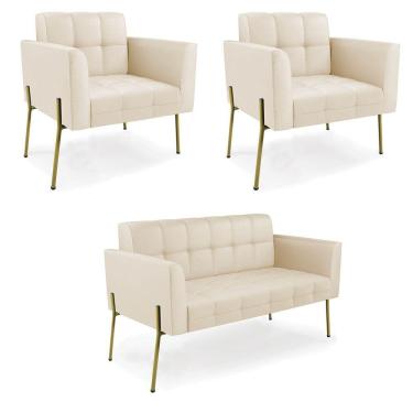 Imagem de Sofá Namoradeira e 2 Poltronas Pé de Ferro Dourado Elisa Corino Bege D03 - D`Rossi