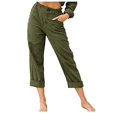 Imagem de ZHONKUI Calça feminina de linho nas costas casual calça elástica com cordão de algodão calça de cintura calça de linho para mulheres, Verde militar, G