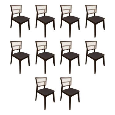 Imagem de Kit 10 Cadeiras de Jantar Manuela em Tela Assento Veludo Marrom Base em Madeira Maciça - Castanho