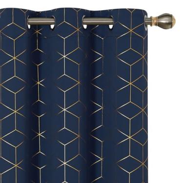 Imagem de Cortinas Deconovo ouro com estampa de diamante e isolamento térmico para janela com redução de ruído e argolas, para sala de estar, azul marinho, 106 cm L x 213 cm C, 2 painéis