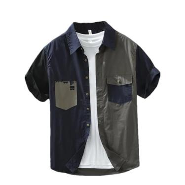 Imagem de Camisetas masculinas de manga curta de patchwork para homens camisas casuais de algodão soltas de verão, 8037 Azul claro, GG