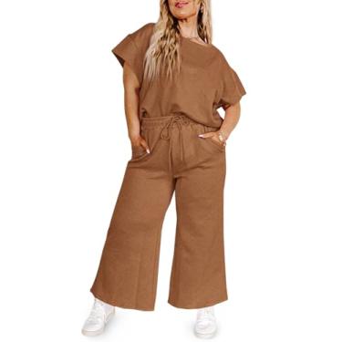 Imagem de Imily Bela Conjunto feminino plus size de 2 peças, blusa de manga curta e calça de perna larga, conjunto casual combinando, Marrom, XX-Large