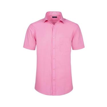 Imagem de Double Pump Camisas sociais masculinas de manga curta com ajuste regular, camisas casuais de negócios sólidas, Rosa 328, XXG