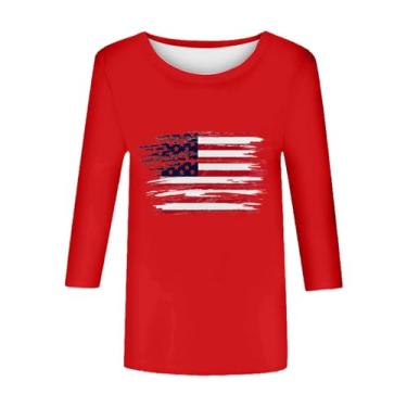 Imagem de Camiseta feminina EUA Star Stripes bandeira de 2024 manga curta confortável verão americano tamanho 12 blusas para mulheres, Vermelho, G