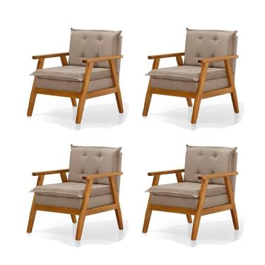 Imagem de Kit 4 Poltronas Sala de Estar Base em Madeira Maciça Linho Bege Veneza