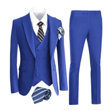Imagem de Joqmia Ternos masculinos 3 peças slim fit smoking trespassado para homens blazer formal terno para casamento, formatura, jantar e festa, Azul royal, X-Small