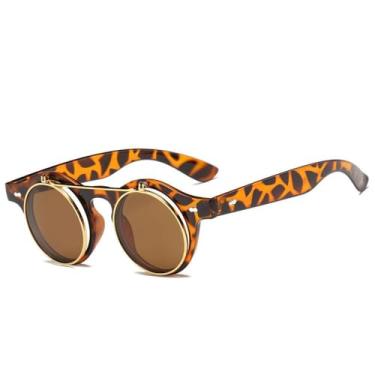 Imagem de Moda redonda steampunk flip up óculos de sol masculino feminino vintage camada lente clássico óculos de sol uv400, leopardo chá, um tamanho