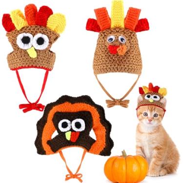 Imagem de Huhumy 3 peças de fantasia de gato de peru de malha gato cachorro de ação de graças chapéu de peru pequeno gatinho cachorro fantasia de animal de estimação boné de malha vestuário de ação de graças