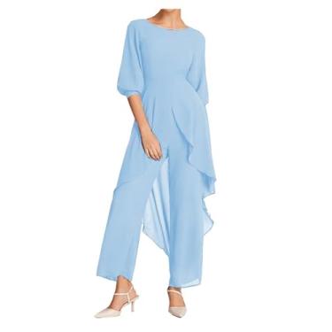 Imagem de Calça para mãe da noiva, para casamento, plus size, vestidos para mãe do noivo com mangas, roupa formal de convidada de casamento, Azul-celeste, 50