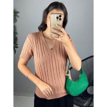 Imagem de T Shirt Blusa De Manga Curta Feminina Tricot Malha Modal Trança Básica